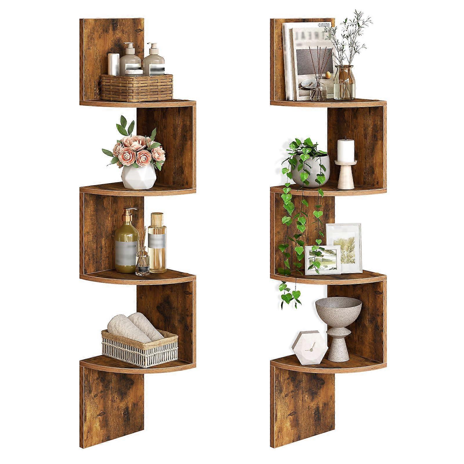 Corner Wall Shelf Set of 2 Rustic Brown 4Tier Zigzag Floating Shelves for Living Room and Bedroom
