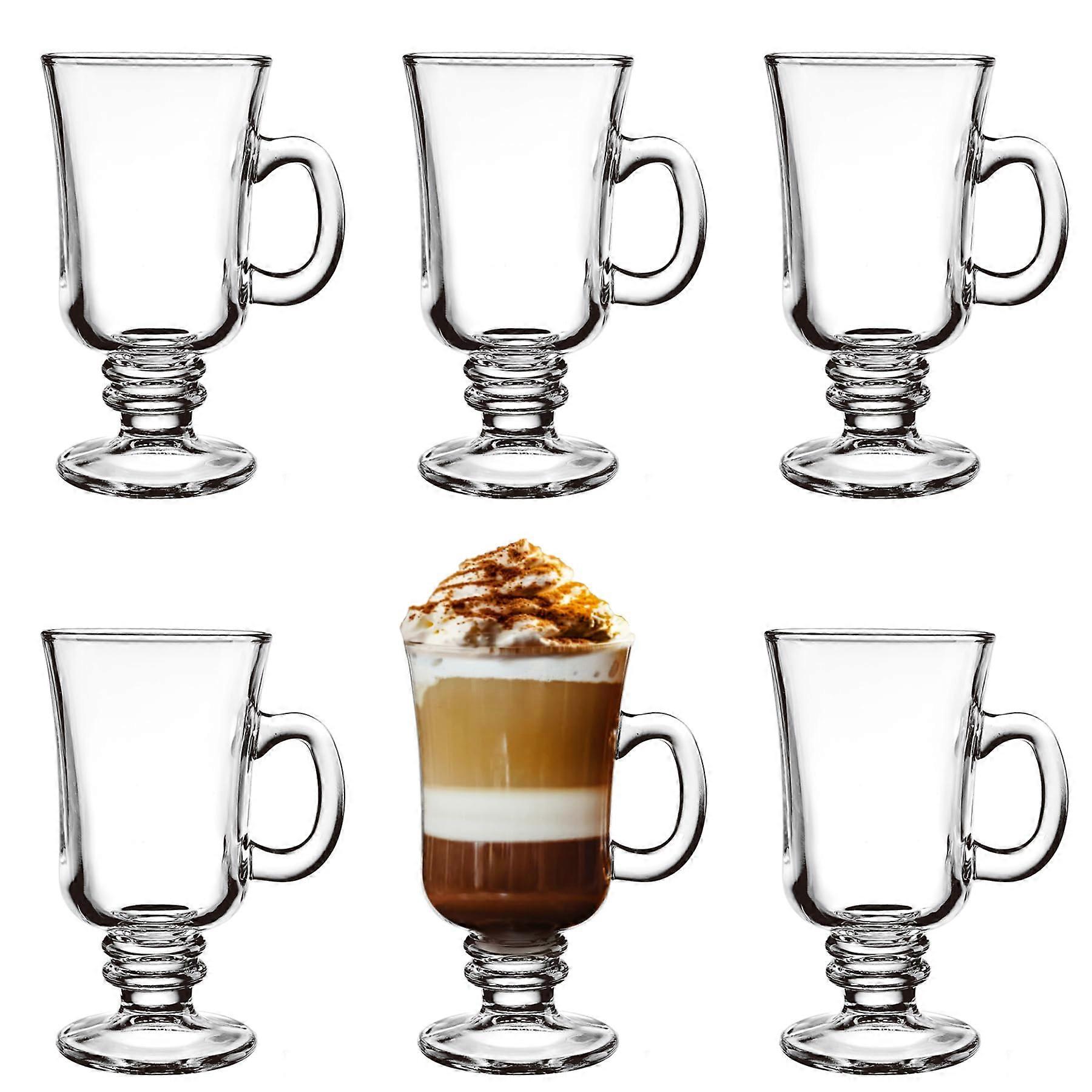 Set of 6 Irish Coffee Mugs 8oz Clear Glass Footed Cups with Handles for Latte Cappuccino Hot Drinks