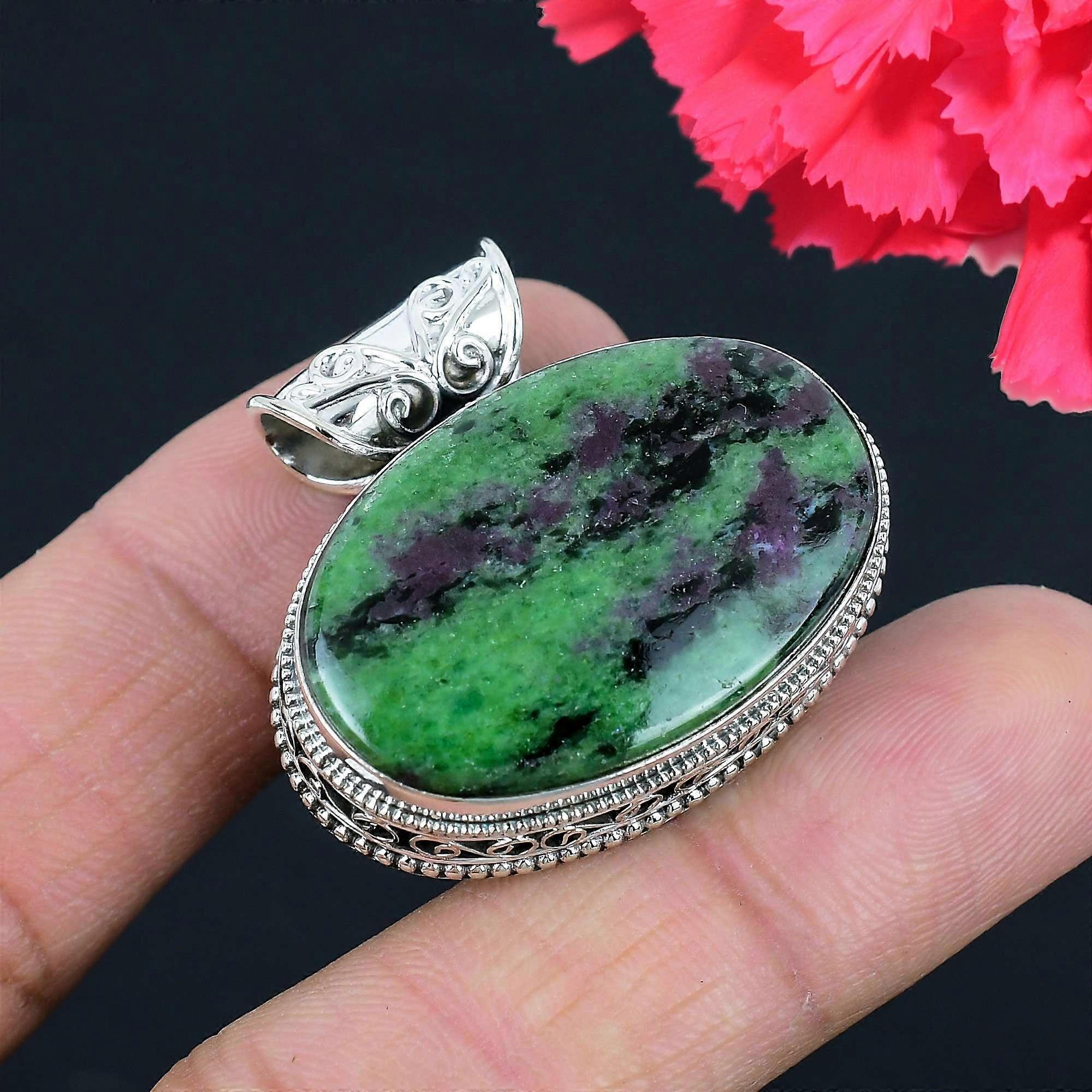 Ruby Zoisite Gemstone Pendant Solid 925 Sterling Silver Pendant Jewelry Gift For Unisex