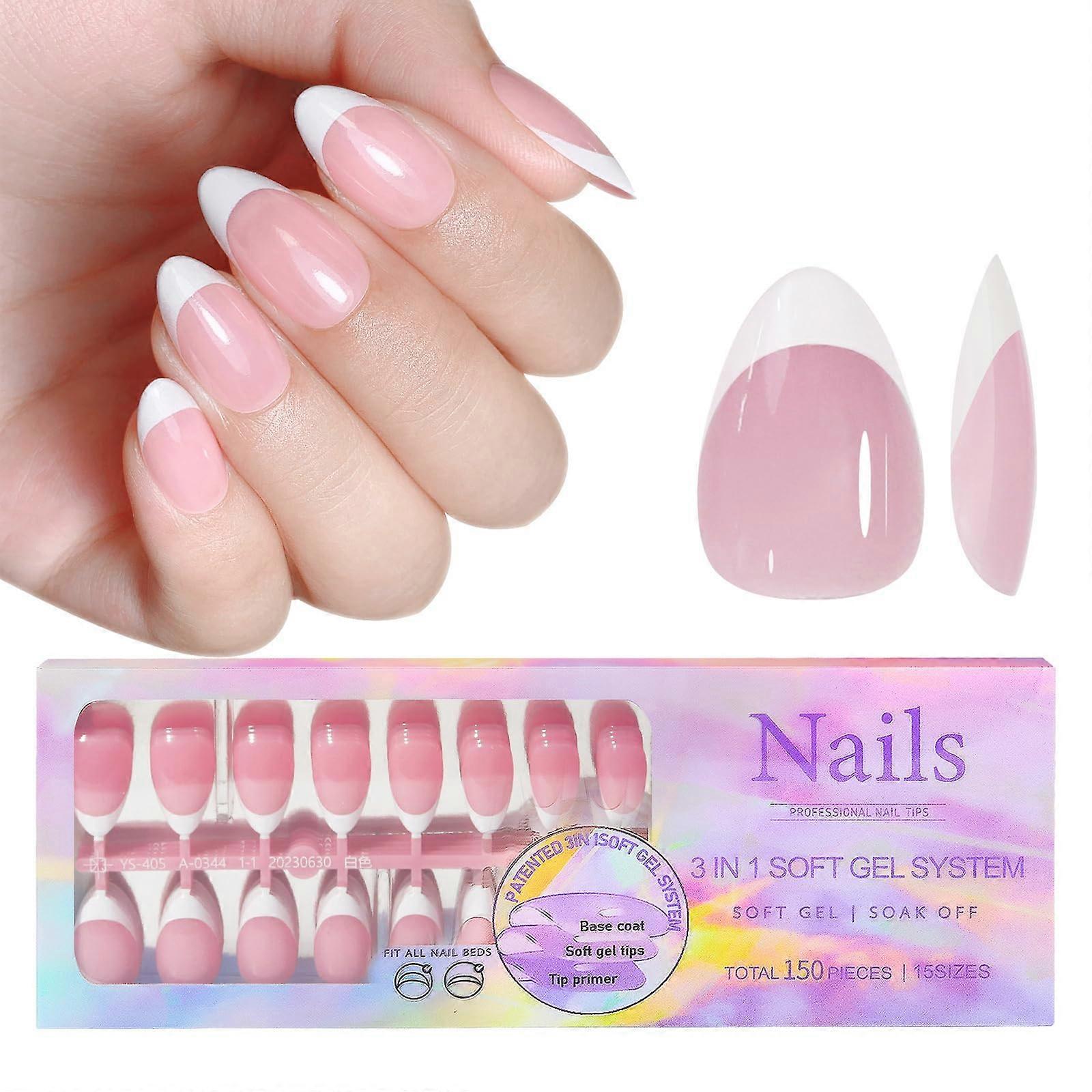 Press On Nails Soft Gel Tips 150pcs Colored Set with Preapplied Primer and Base Coat 14 Sizes