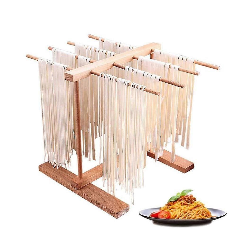 Wooden Pasta Drying Rack Natural Beech Foldable Spaghetti Noodle Stand with 8 Bars for Kitchen