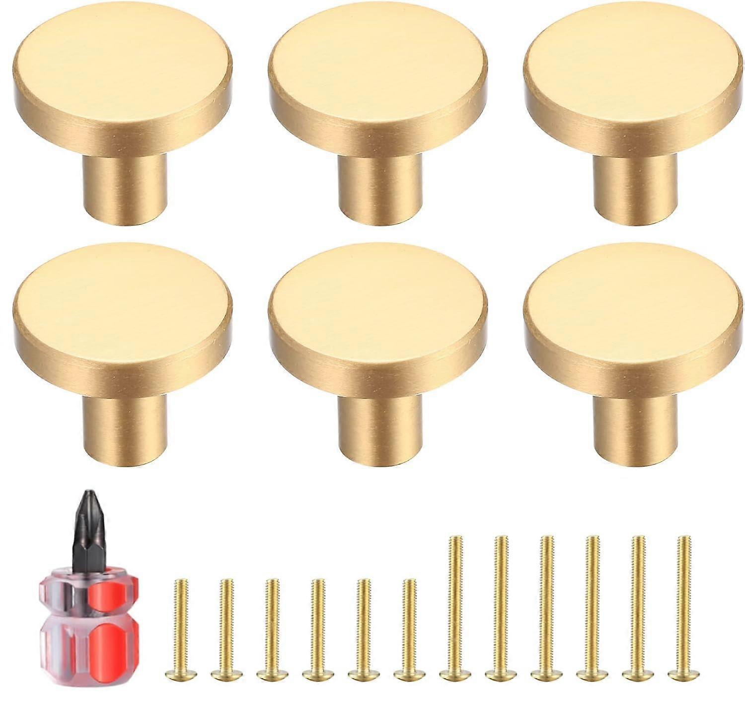 Brushed Brass Cabinet Knobs 6 Pack Gold Round Drawer Pulls for Kitchen Dresser with Screwdriver