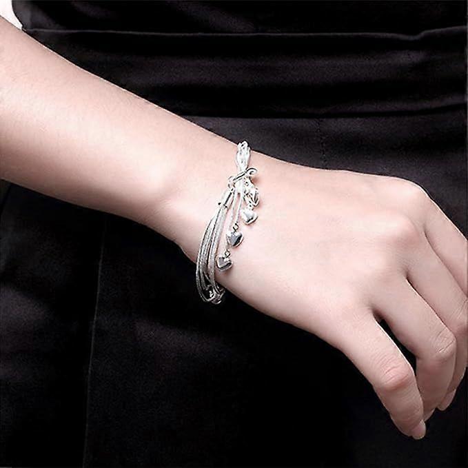 925 Sterling Silver Five-Line Chain & Heart Charm Bracelet Set  Elegant Stackable Bangle