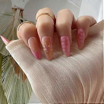 24pcs Almond Press On Nail Easy To Apply Acrylic Artificial Nail With Elegant 3D Floral Patterns Full Cover False Nail