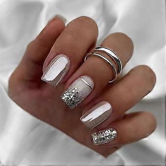 Silver and White Chrome Press on Nails Handmade Gel Finish Coffin Shape with Glue LongLasting Wear