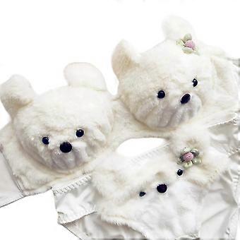 Women Lovely Plush Bra Panty Set Funny Bear Bra Panties Set Cartoon Plush Underwear Soft Student Girls Lingerie Set White M