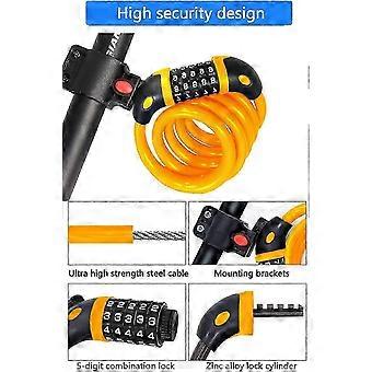 Antivol de vélo Casier à vélo Combinaison 5 chiffres 120cm/12mm de long Câble de vélo Serrures Vélos Chaîne Haute Sécurité Jaune
