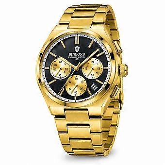 Reloj cronógrafo para hombre, 3 subesferas, 6 agujas, oro, esfera negra, luminoso, estilo piloto, Business JY