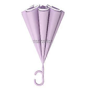 Reverse Folding Windproof Umbrella for Rain and Sun, Waterproof Long Handle Purple Inverted Design