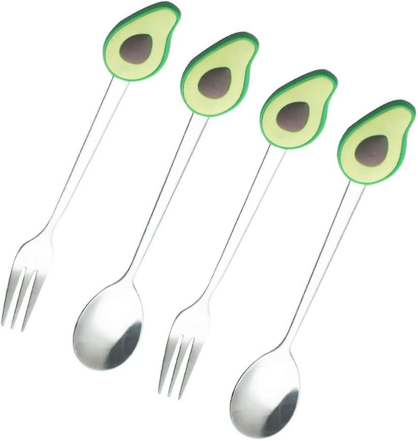 4pcs Silverware Set Stainless Steel Cute Avocado Fruit Shape Fork Coffee Spoon Flatware Set Cutlery Set Tableware Eating