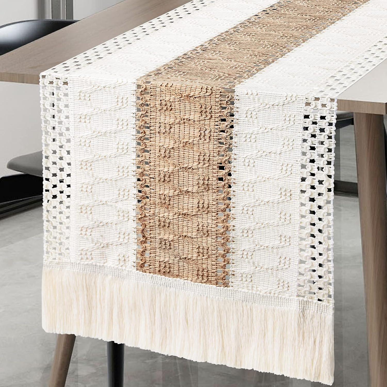 Macrame Table Runner, Farmhouse Natural Burlap Table Runner, Splicing Cotton Boho Table Runner with Tassels for Bohemian Wedding Picnic Home Dining Ta