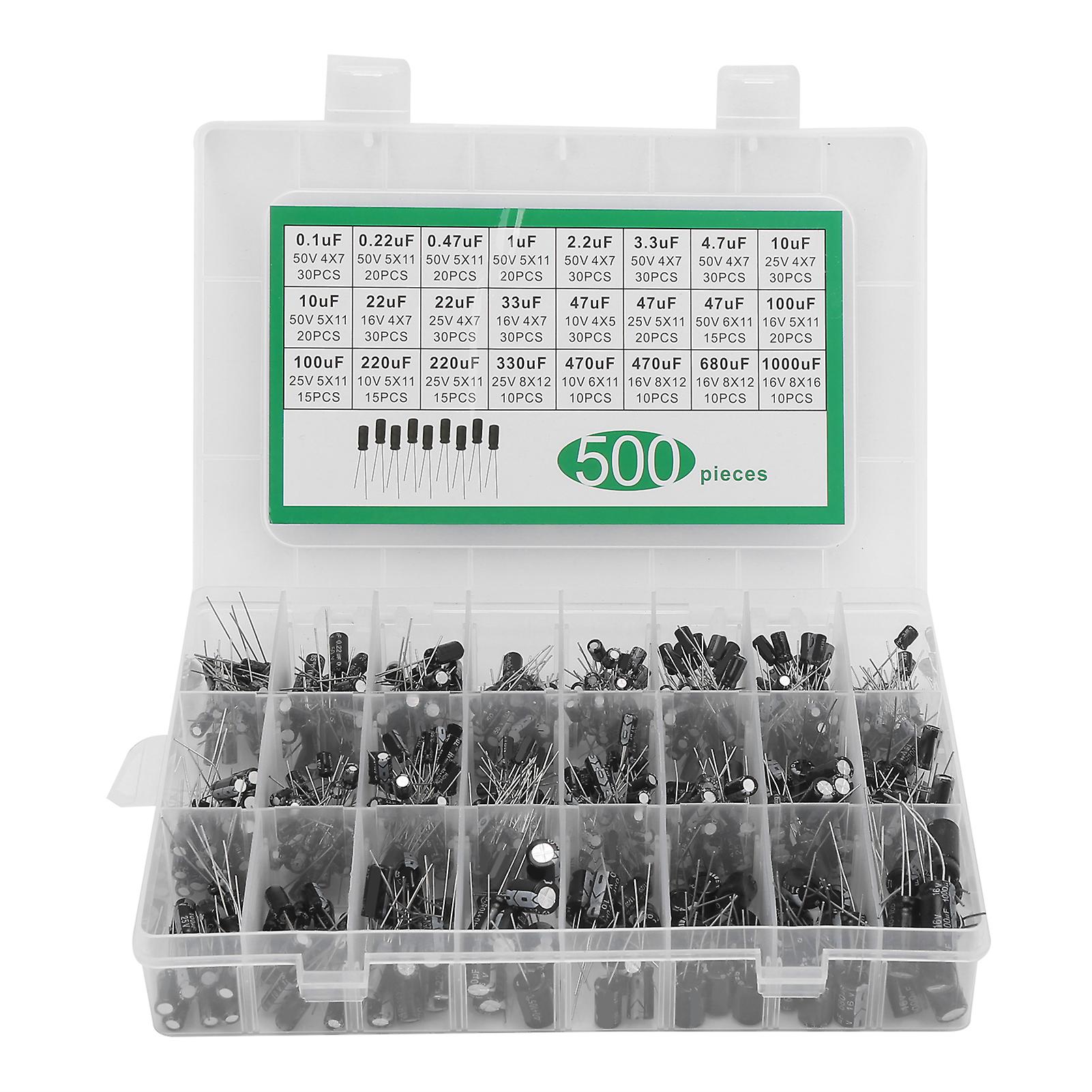 500Pcs Electrolytic Capacitor Kit 24 Value Assortment Box 0.1uF‑1000uF 10V 16V 25V 50V