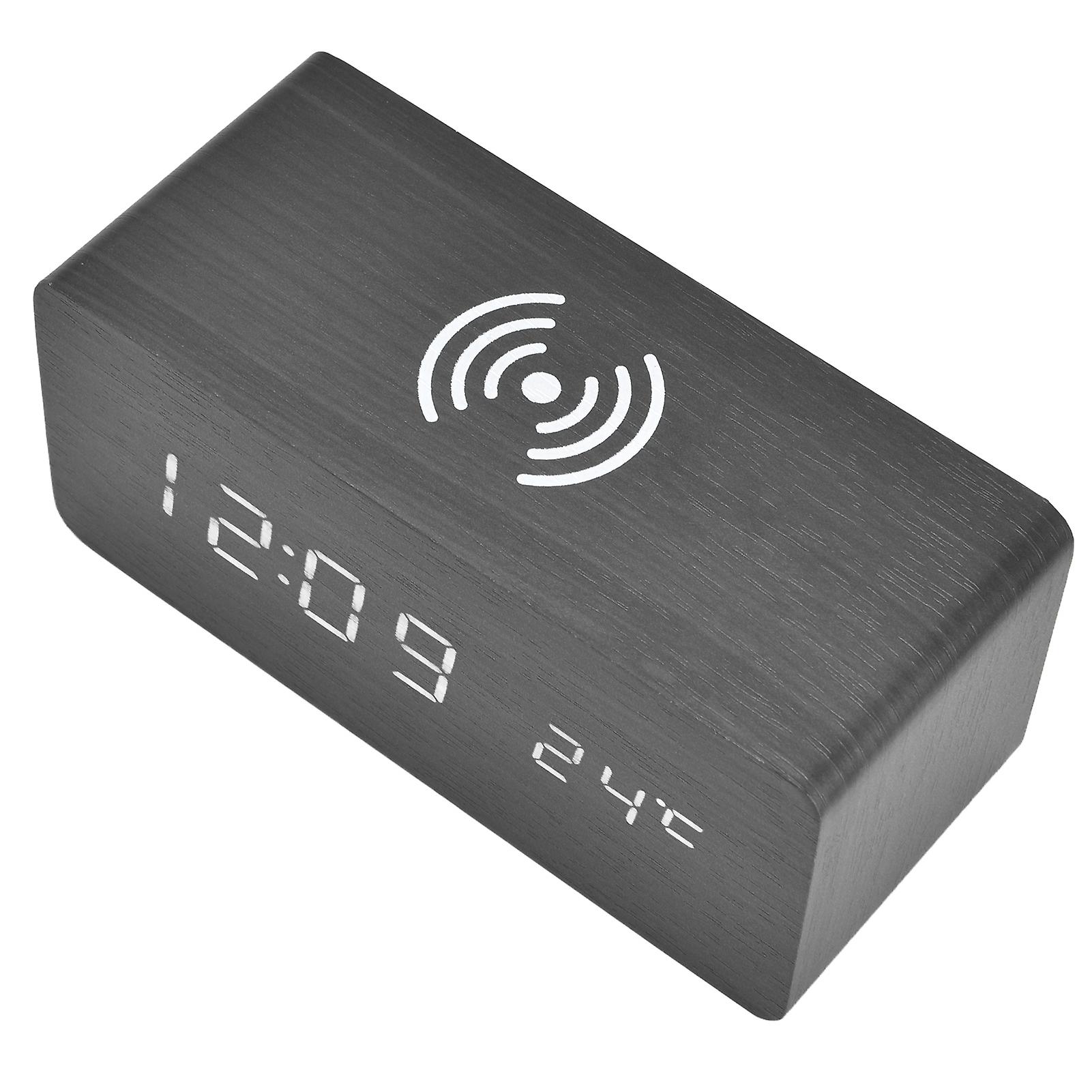 Digital Alarm Clock Wireless Charging Automatic Temperature Detection Safe Stable LED Electronic ClockBlack