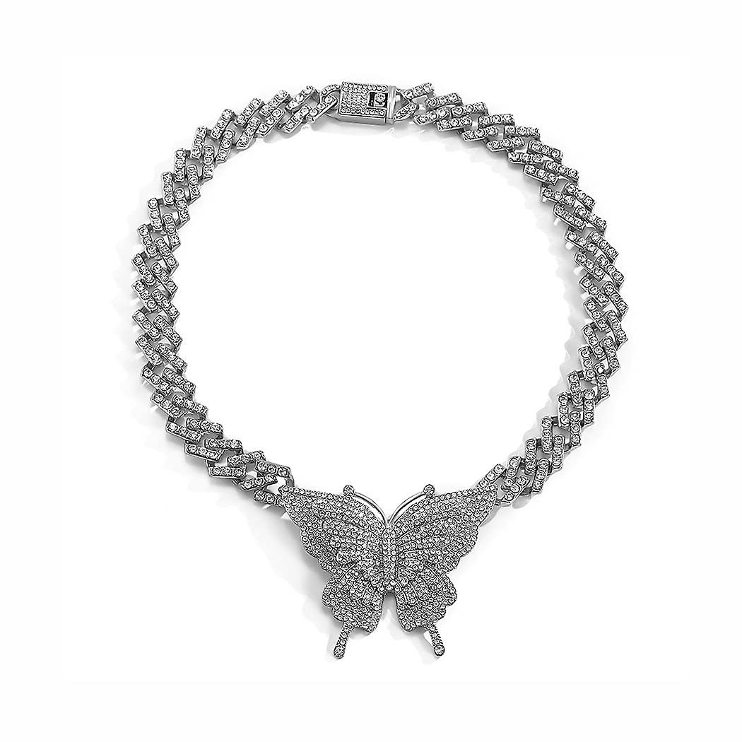 Chunky Crystal Choker Necklace Butterfly Pendant Necklaces Cuban