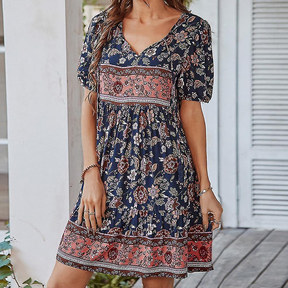 Women Summer Bohemian Dress Floral Print V Neck Loose Short Sleeve Dress