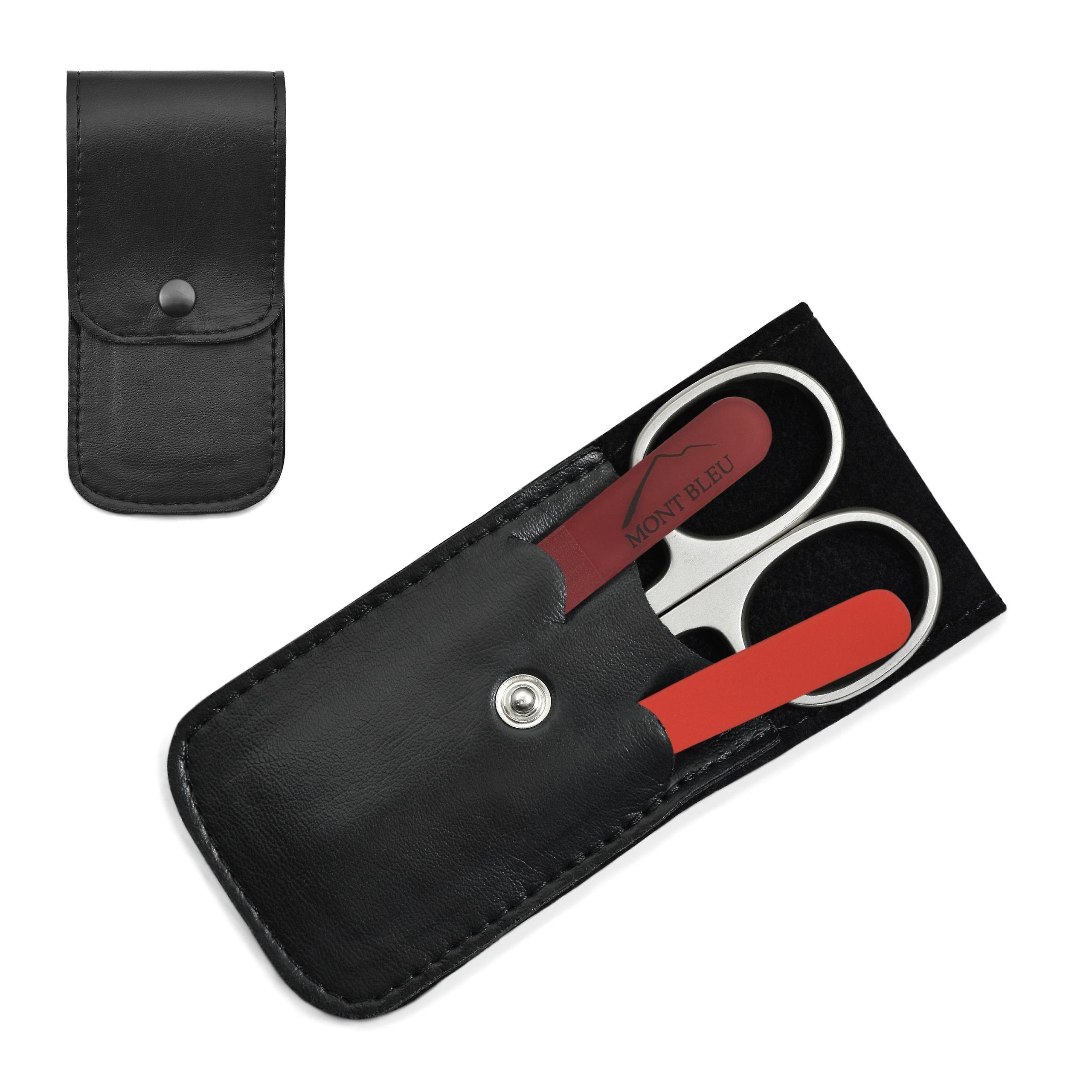Mont Bleu 3-piece Manicure Set in Soft Leatherette Case, Simple Black - Red