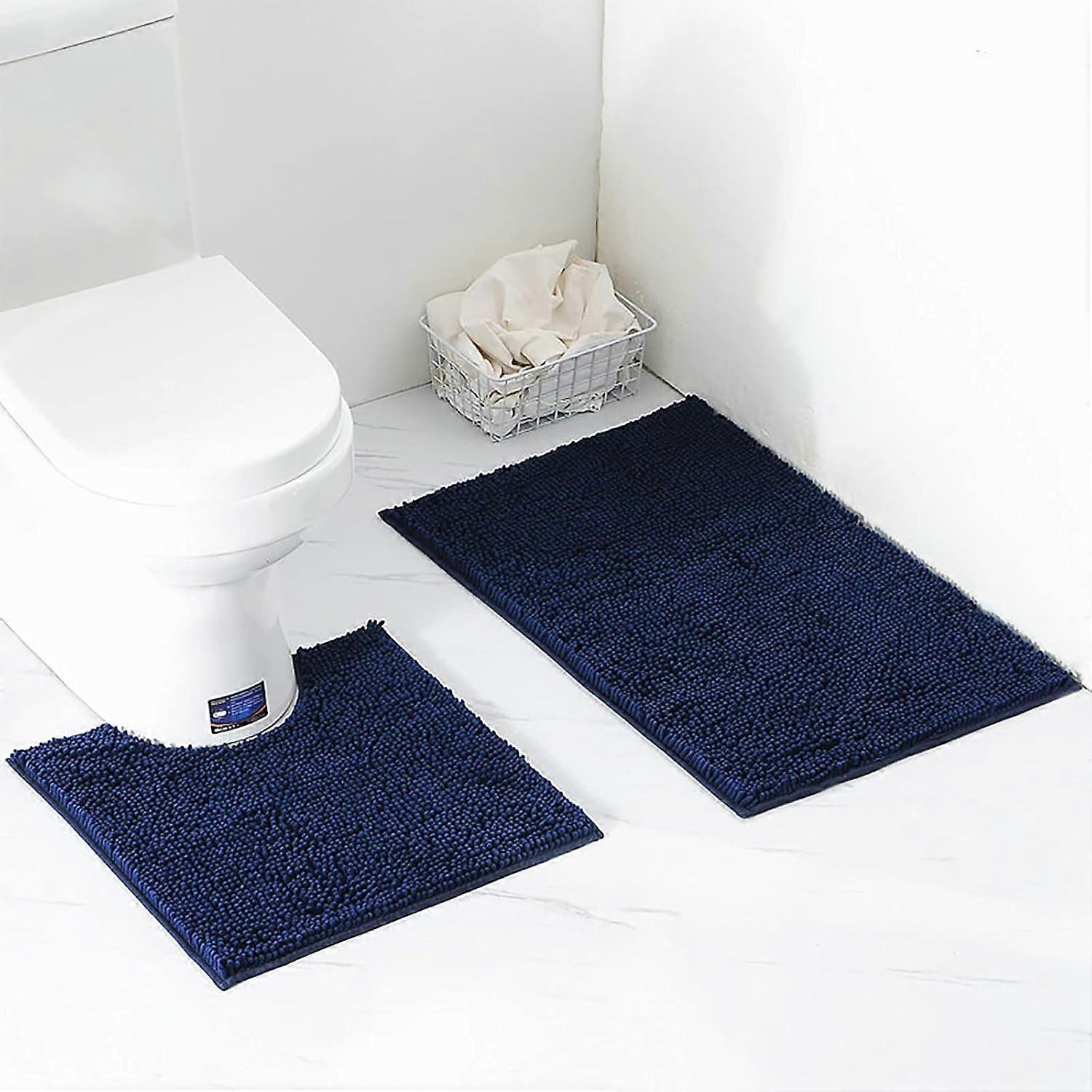 2 Piece Bath Mat / Toilet Mats Set, Soft Absorbent Thick Chenille Non-Slip Toilet Mat for Bathroom / WC, Machine Washable (Navy Blue)