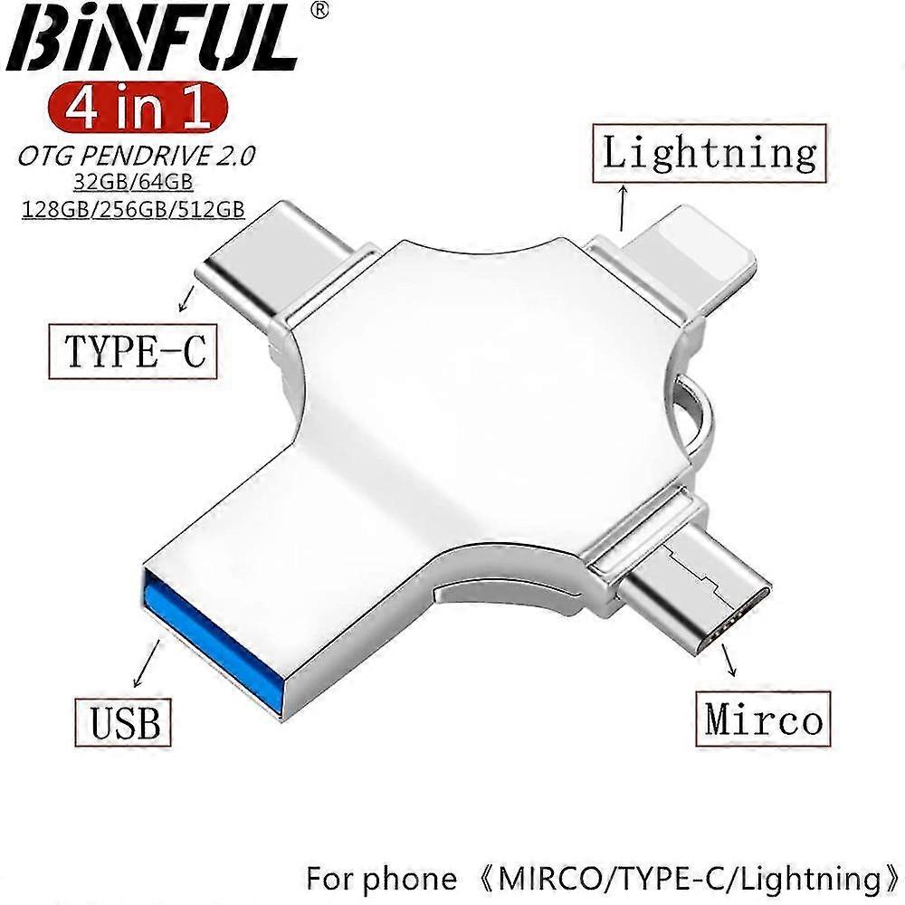 Binful 4in1 Usb 3.0 Flash Drive 256gb 128gb 64gb 32gb Metal Pendrive For Iphone Ipad Iso Android Otg Type C Usb Memory Stick