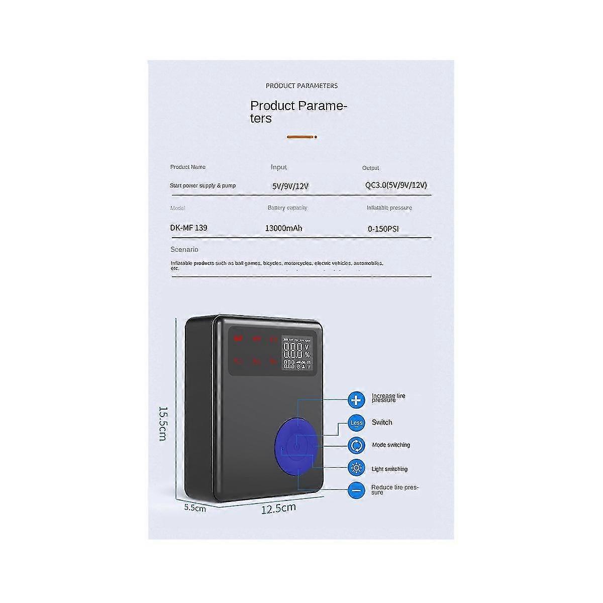 Bil oppblåsbar pumpe 5-i-1 nødstart strømforsyning Bærbar dekk oppblåsbar pumpe for bilmotor