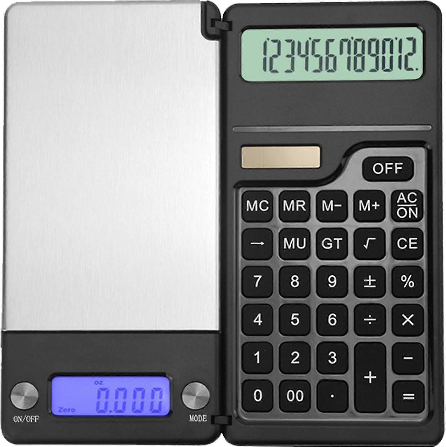 Basic Calculator Small Kitchen Food Scale(1kg/0.1g), 10 LCD Digital, Solar & Battery Dual Power, Portable 4 Function Calculators for Precise Math Calc