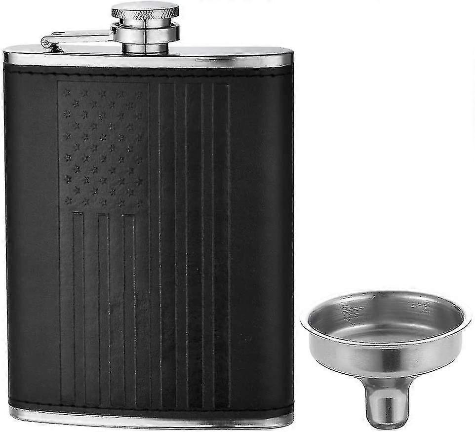 Whiskey Flask With American Flag For Liquor And Funnel, 8 Oz Leak Proof Stainless Steel Pocket Hip Flask With Soft Touch Leather Cover, Black Flask Fo