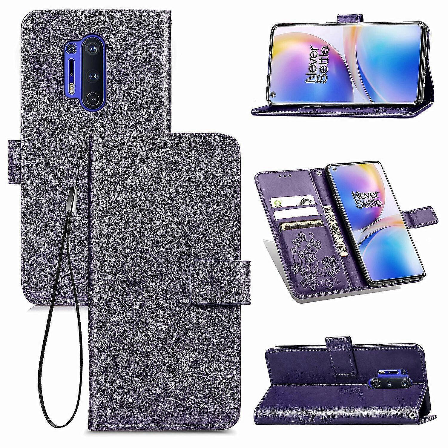 Compatible with Oneplus 8 Pro Cover Wallet Clover Embossed Protective Leather Phone Case Magnetic - Violet