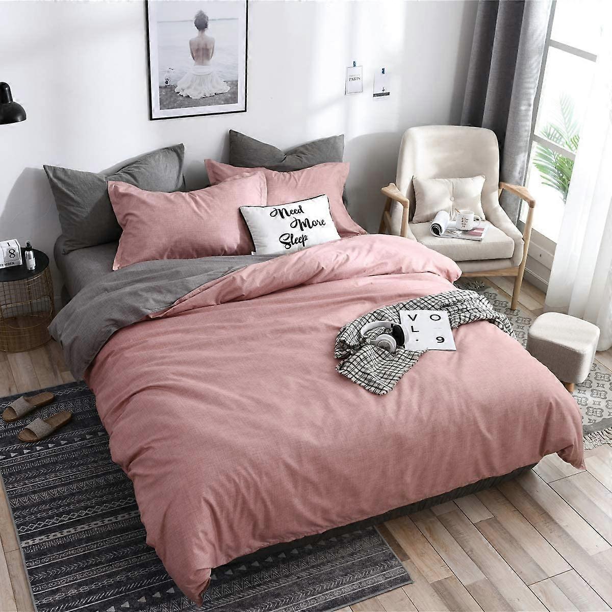 Duvet Cover Double Bed Set, 4 Pieces Microfiber Plain Pattern Plaid Bedding Set with 2 Pillowcases and 1 Bed Sheet (220x240cm,Pink)
