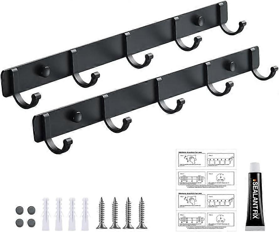 Hook Rack 5 Hooks Wall Mounted Set of 2 Adhesive & Screw in Heavy Duty Aluminum Alloy Coat Rack Bag Hanging Holder Hat Bracket Key Hanger Towel Rack f