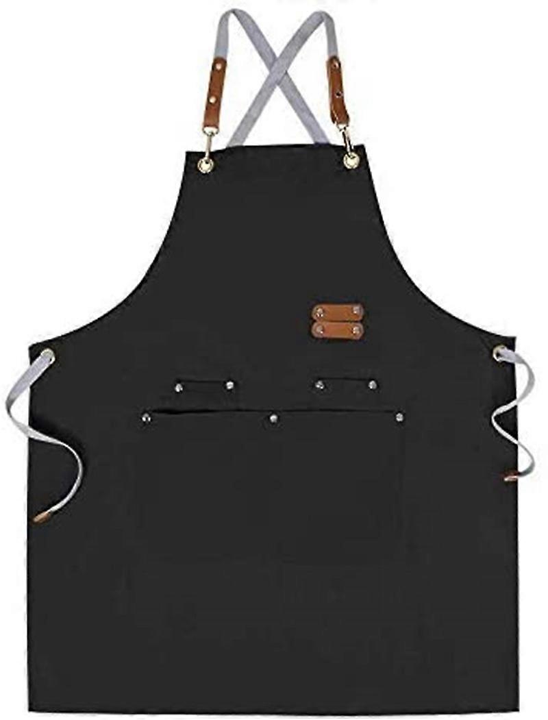 Chef Canvas Double Belt Apron Cross Back Apron Adjustable Straps & Large Pockets - Black (A-5-F6)