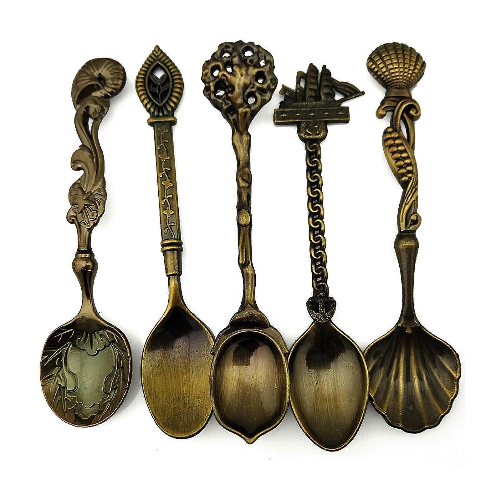 5Pcs Retro Gothic Pattern Carved Coffee Tea Snacks Sugar Spoons Kitchen Cutlery