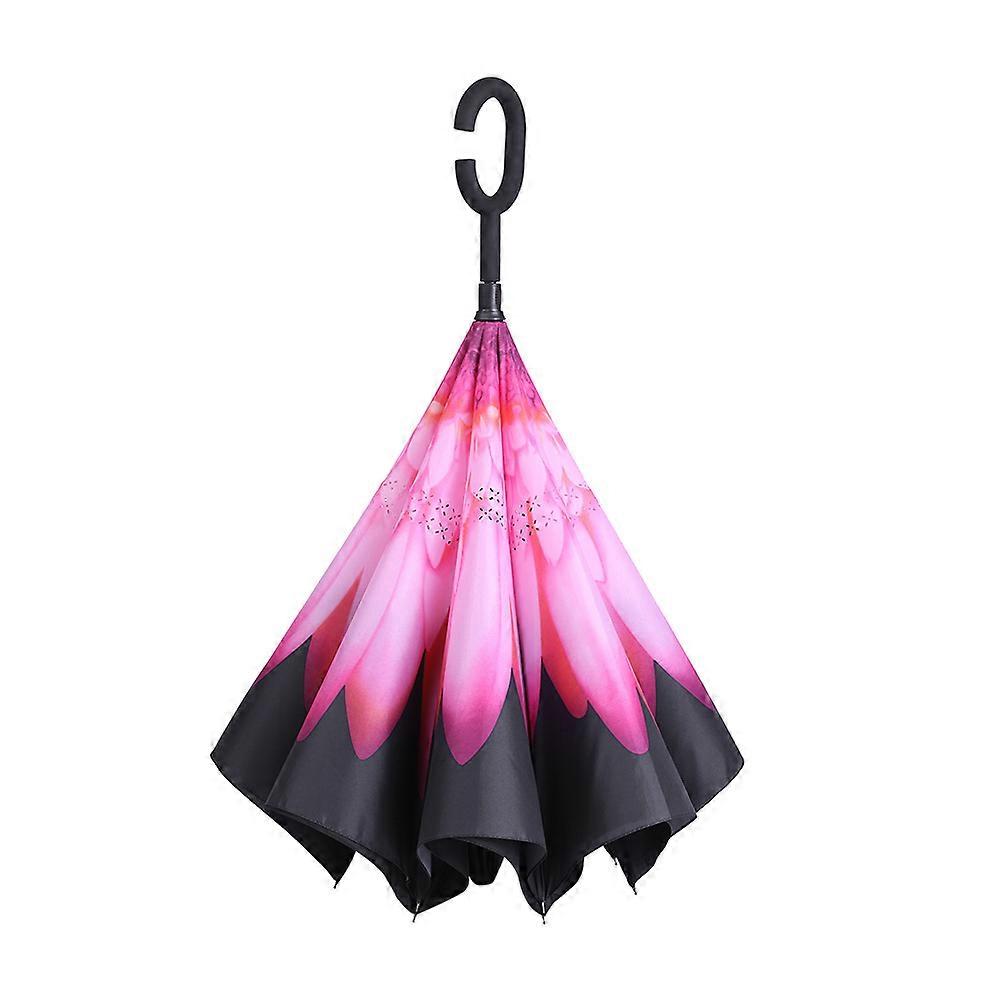 Reverse Folding Double Layer Self-Standing Windproof Umbrella with C-Handle(Pink Daisy)