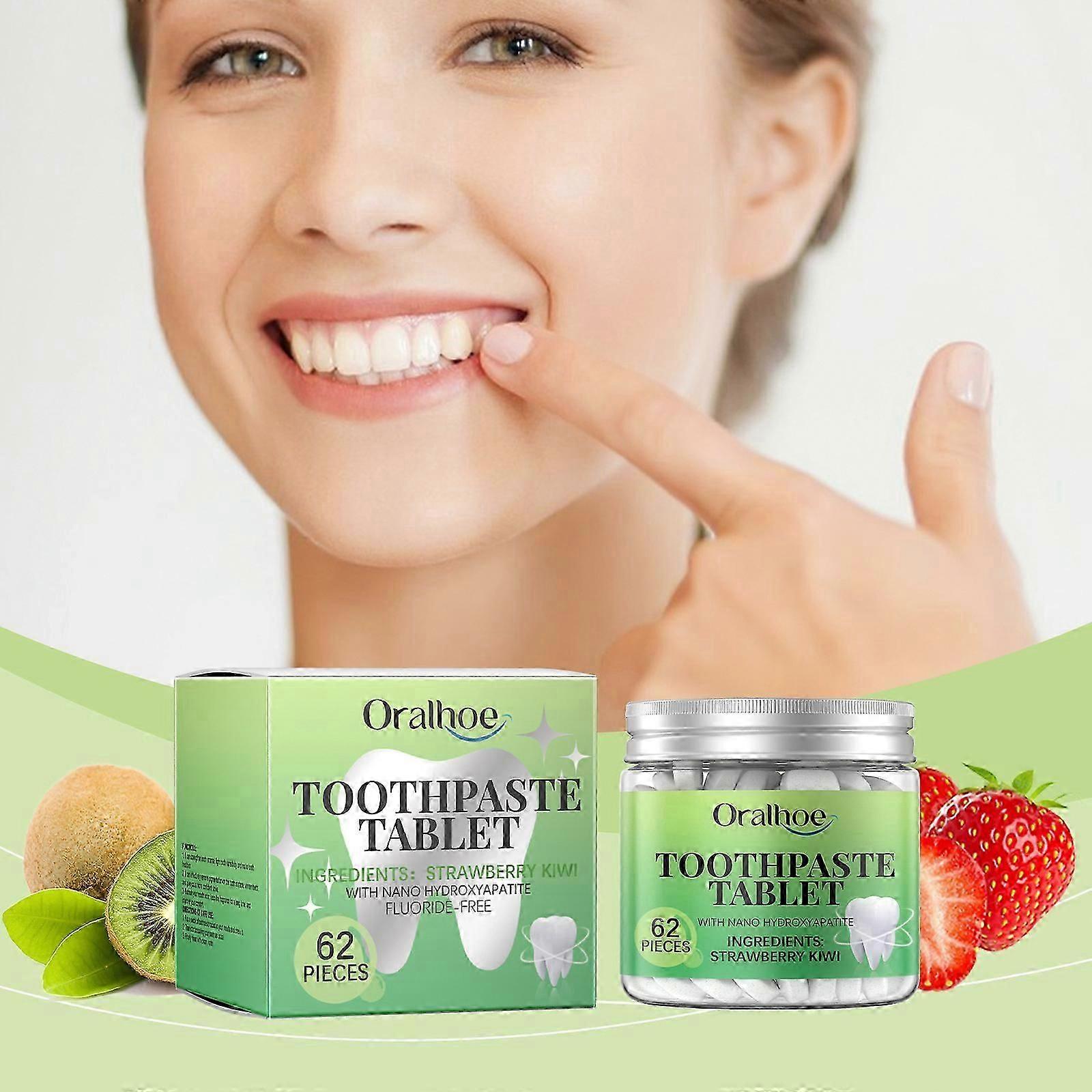 Toothpaste Tablets Strawberry Kiwi - Chewable Nano-Hydroxyapatite Teeth Cleaning Tablet - No Fluoride, Great for Travel, Zero Waste 62 Count