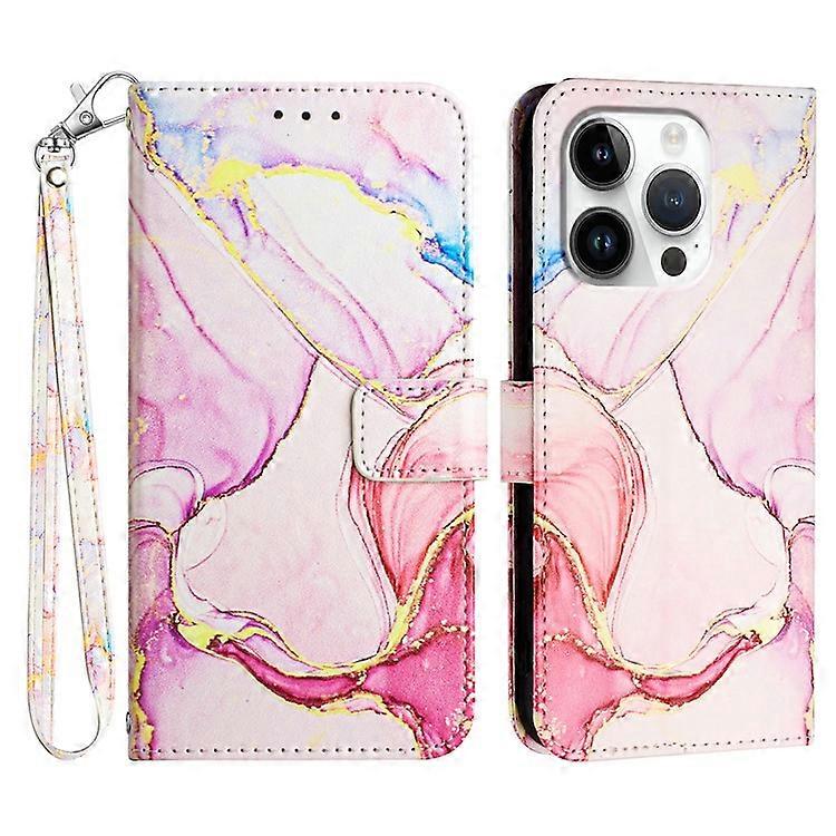 Compatible For iPhone 16 Pro Max Case with Strap Marble Pattern Leather Phone Cover Card Holder