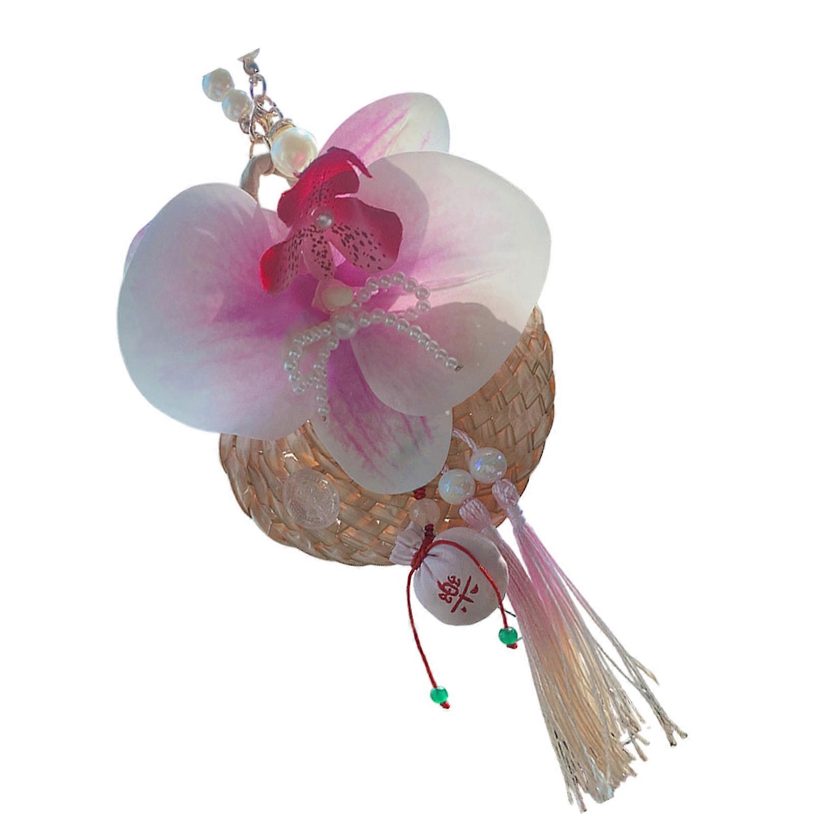 Decorative Pendant Unique Butterfly Orchids Flower Key Holder with Pearls Chain Detailing Suitable for Present Giving Pink