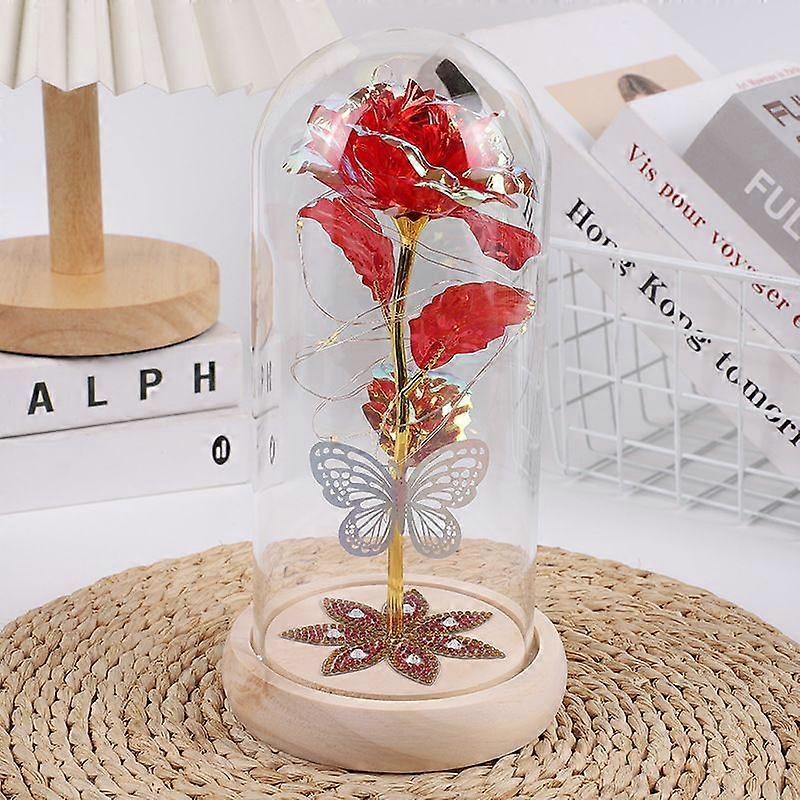 美女と野獣のバラ、暖かい光とガラスドームの3赤いシルクローズ、造花ライトアップローズ、アニバーサリーの女性のための手作りローズチューブギフト
