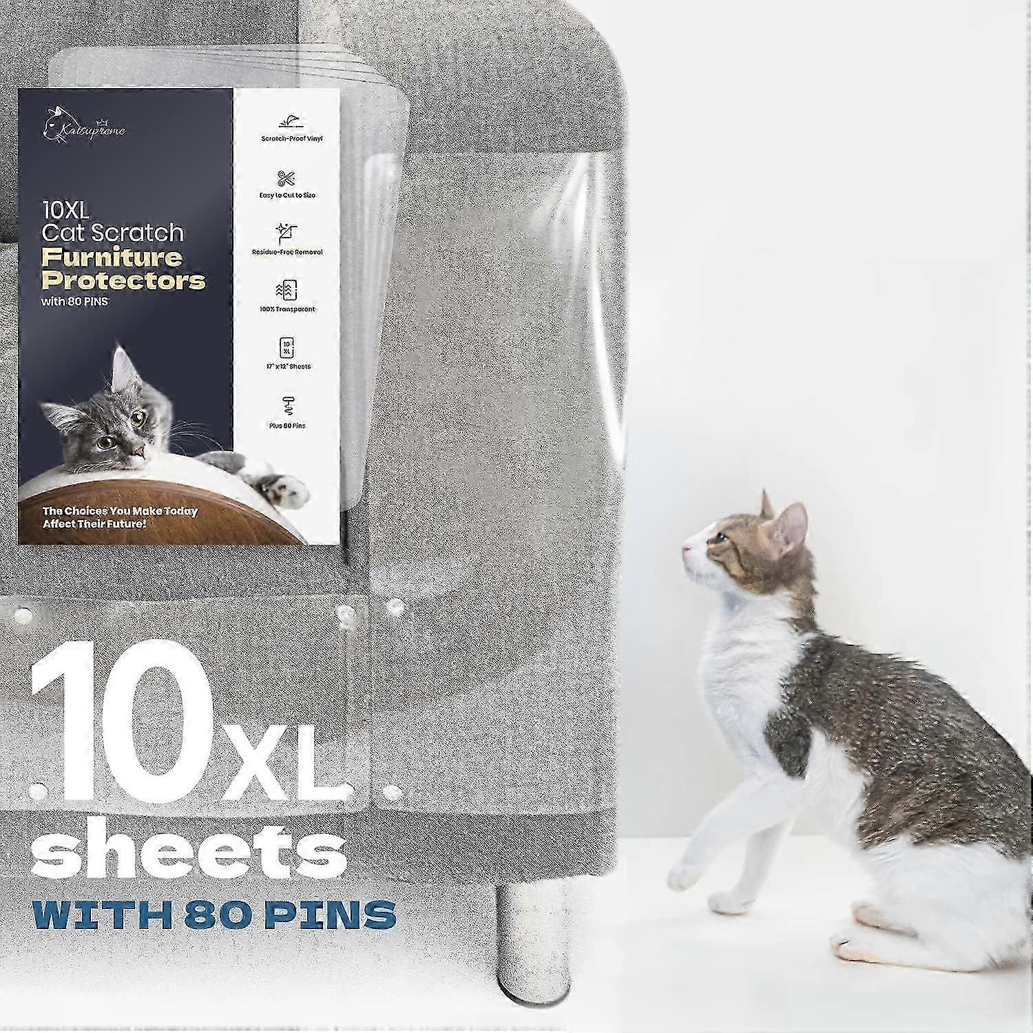 Cat Scratch Furniture Protector - Couch Cat Scratch Protector - Sofa Protector for Cats - Furniture Cat Scratch Guards - 10 XL Sheets with 80 Pins