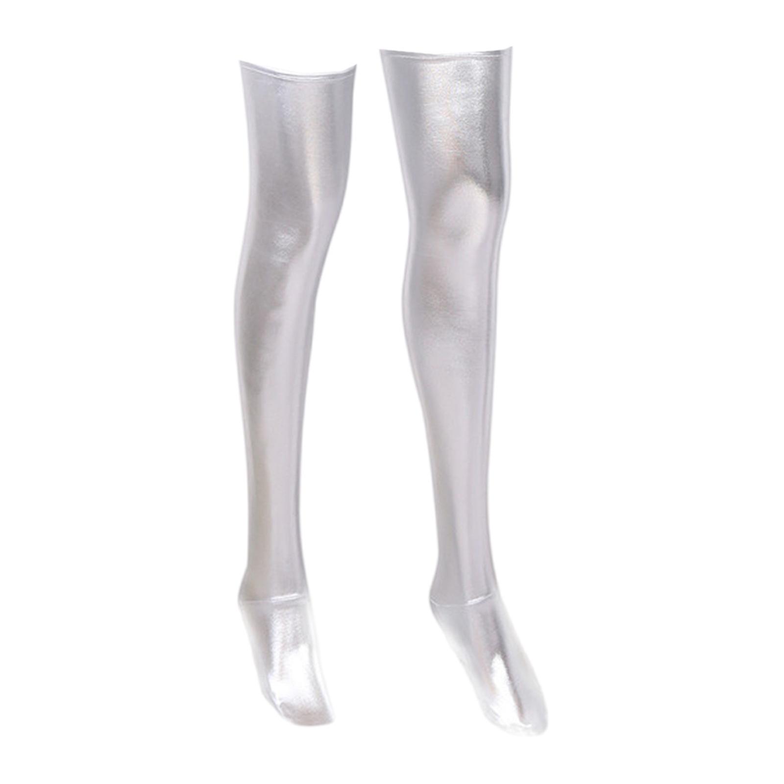 Metallic Wet Look Shining Faux Leather Thigh Calze Calze Lunghe Elastiche Over Knee con finitura lucida per le donne Argento