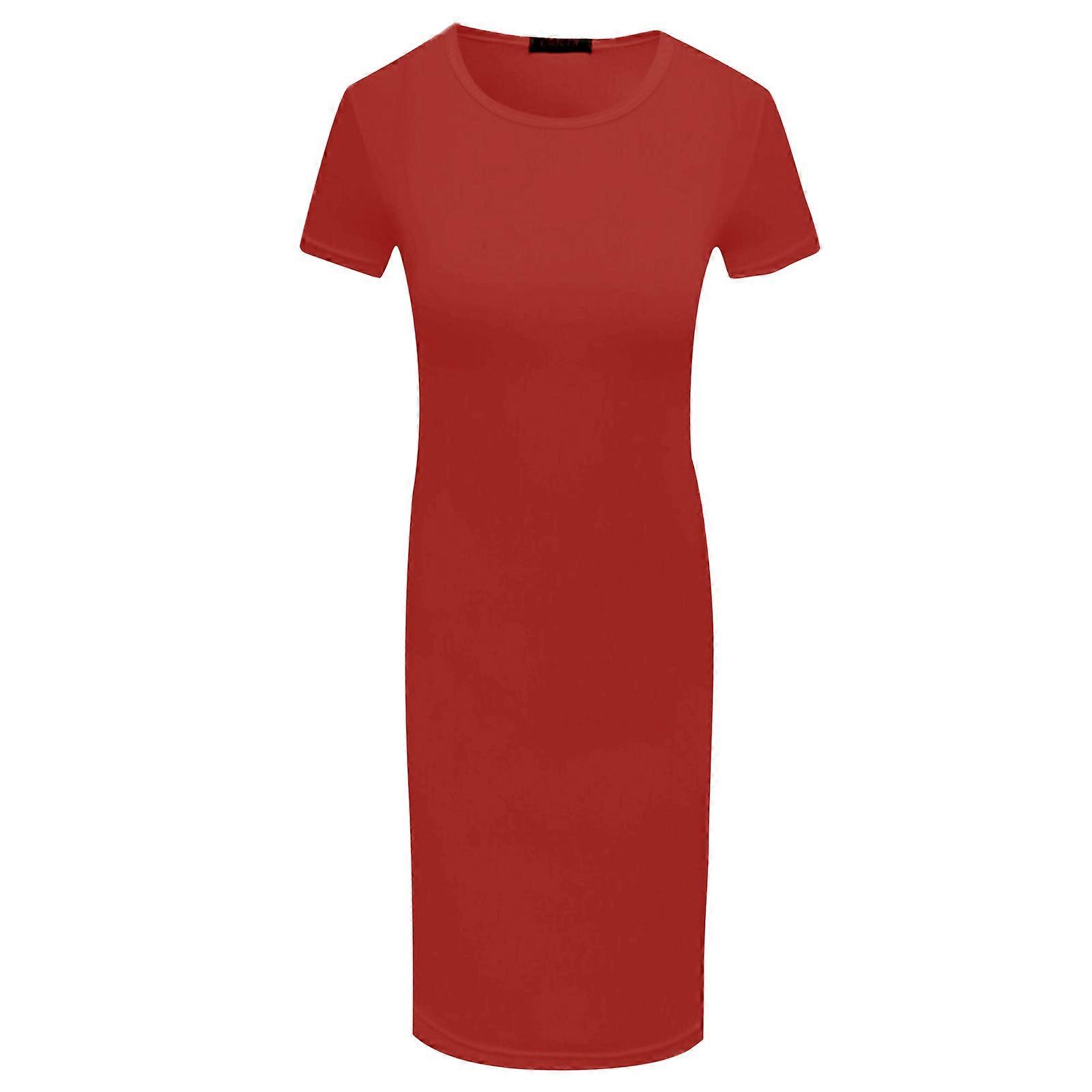 Womens Short Sleeve Knee Length Casual Bodycon Midi Long for T Shirt Dress  Plain Solid Color Round Neck Pencil Sundress Red L | Fruugo IE