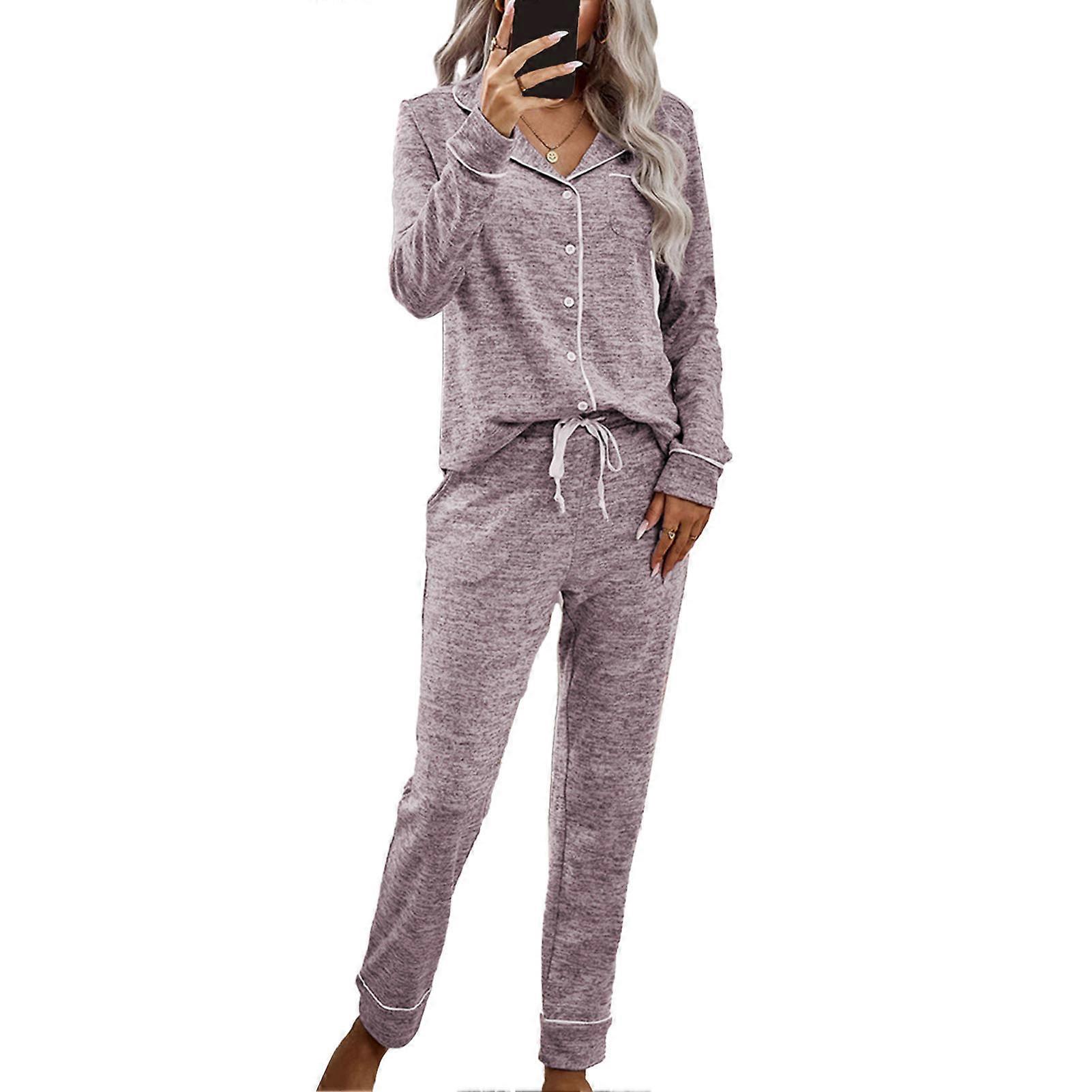 Ensemble de pyjama pour femme, col en V, col rabattu, couleur unie, cordon de serrage, simple boutonnage, vêtements de nuit