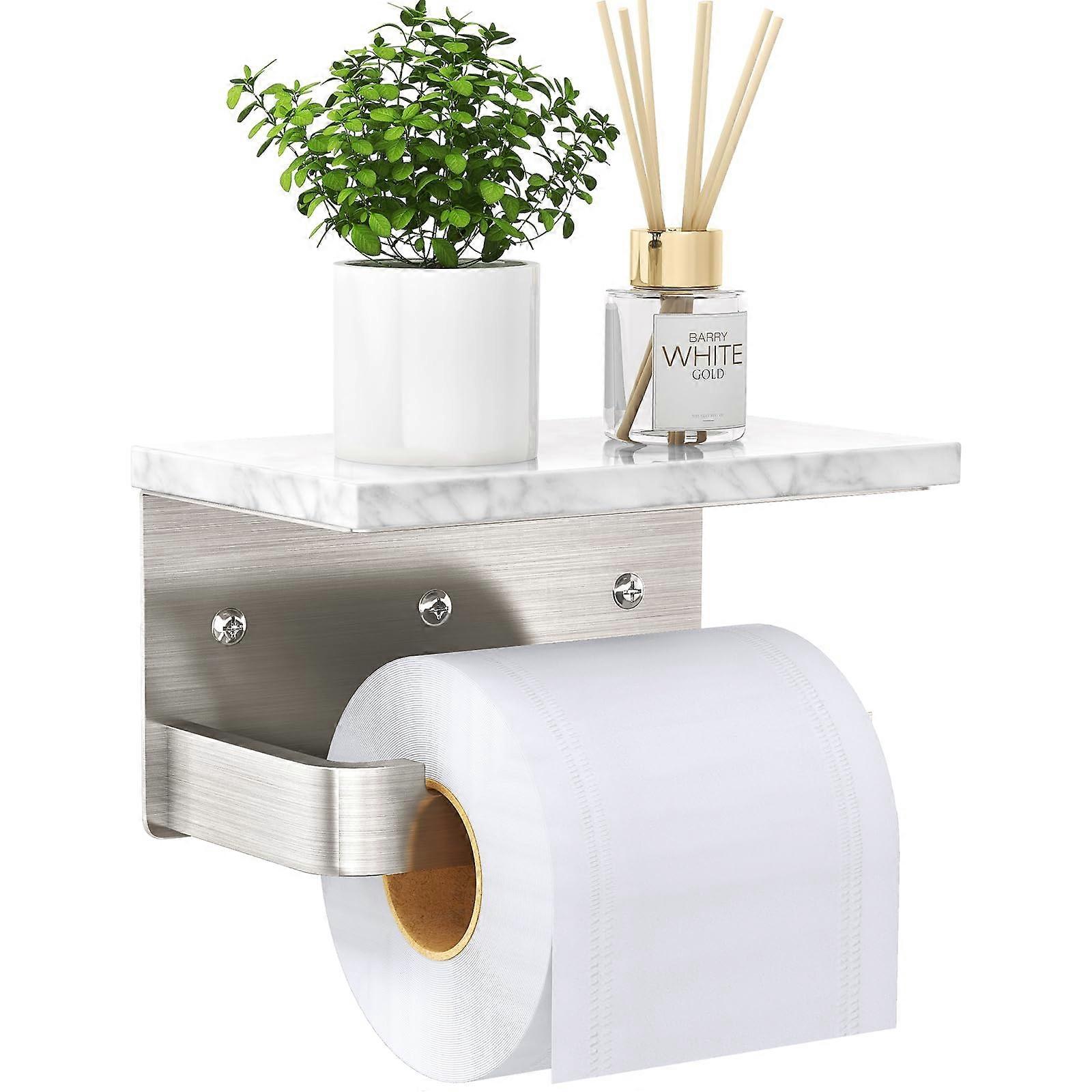 Toilet Paper Holder With Shelf Extended Base Wall Mounted Marble Brushed Nickel Finish