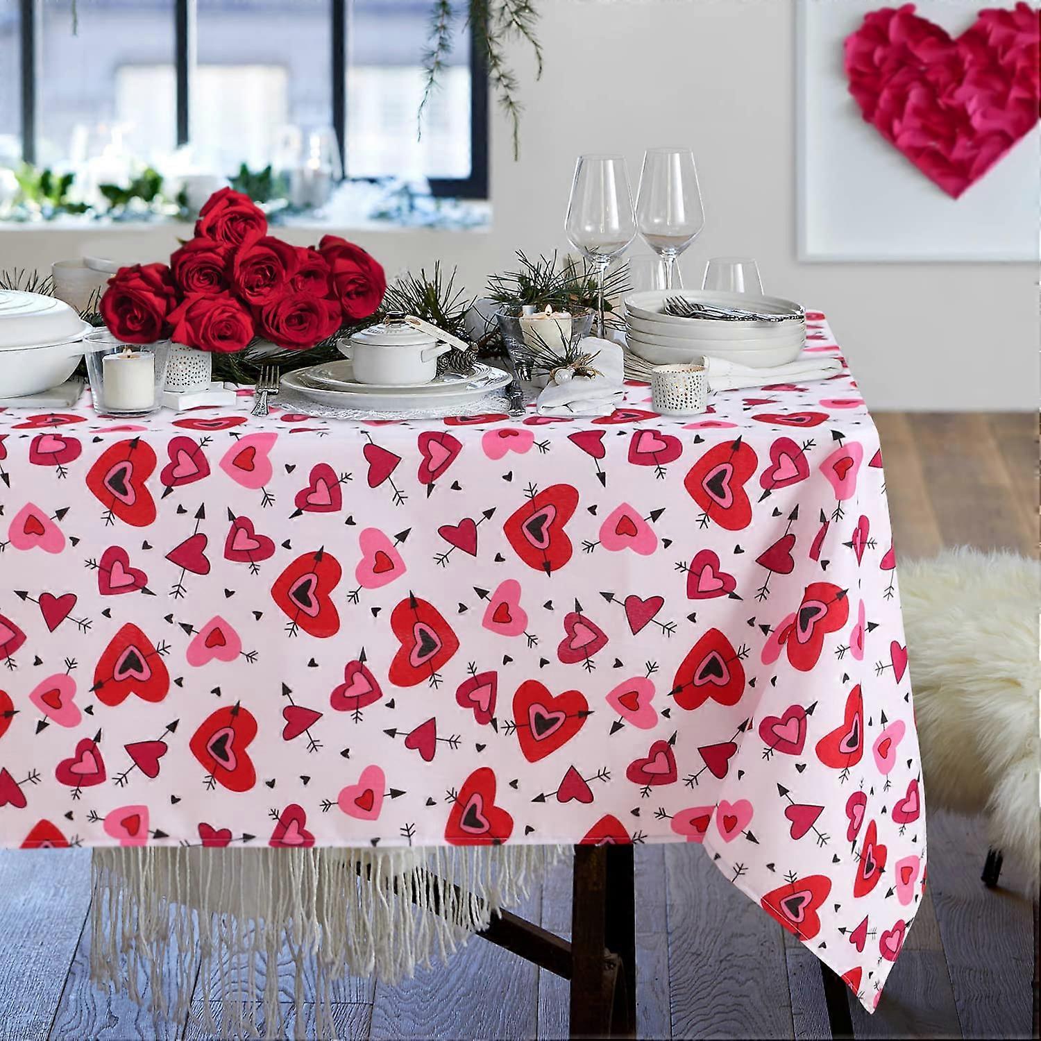 Valentine's Day Table Cloth 60x84 Inch - Daddian Fabric Hearts and Arrows Pattern, Holiday Table Decor, Red and Pink