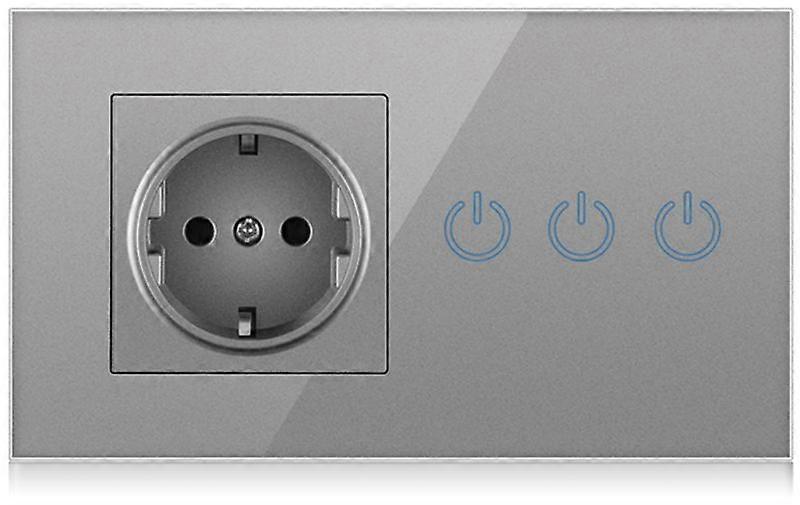 EU Smart 3-way Touch Light Switch +16A Germany Socket Outlet With Grey Crystal Glass Panel