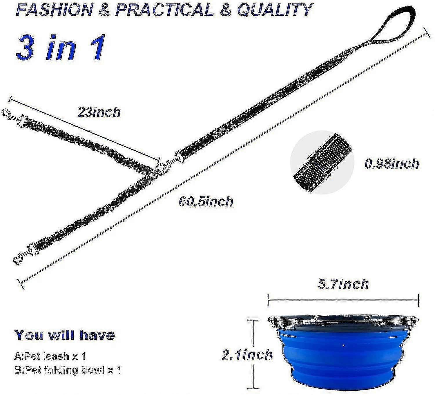 Double Dog Leash, Double Dog Leash With Reflective Hook, Two Adjustable Dog Leashes, Tangle Free 360  Rotation, Bungee Jumping Design, 23 Inch Foldabl