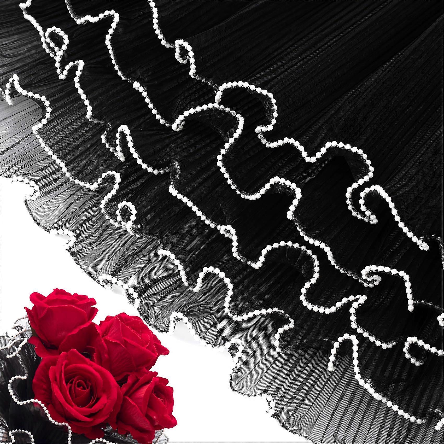 13 Yards Black Flower Wrapping Paper With Pearl Edge, Floral Mesh Paper For Weddings, Valentines, Christmas Decor, 12m