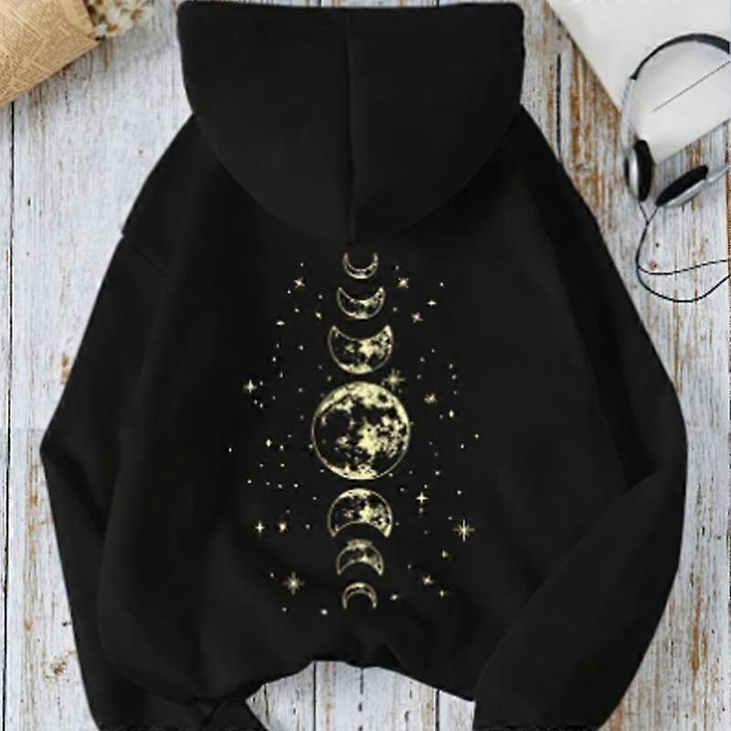 Kvinners Moon Print Løs hettegenser Topper Bluse Genser Casual Langermet Genser Topper