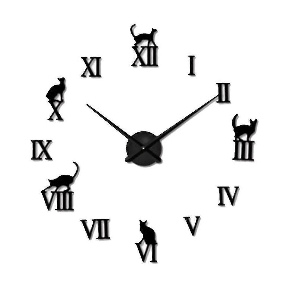 DIY猫の壁掛け時計モダンなデザインの大きなアクリルミラーの家の装飾パーソナリティアート(ブラック)