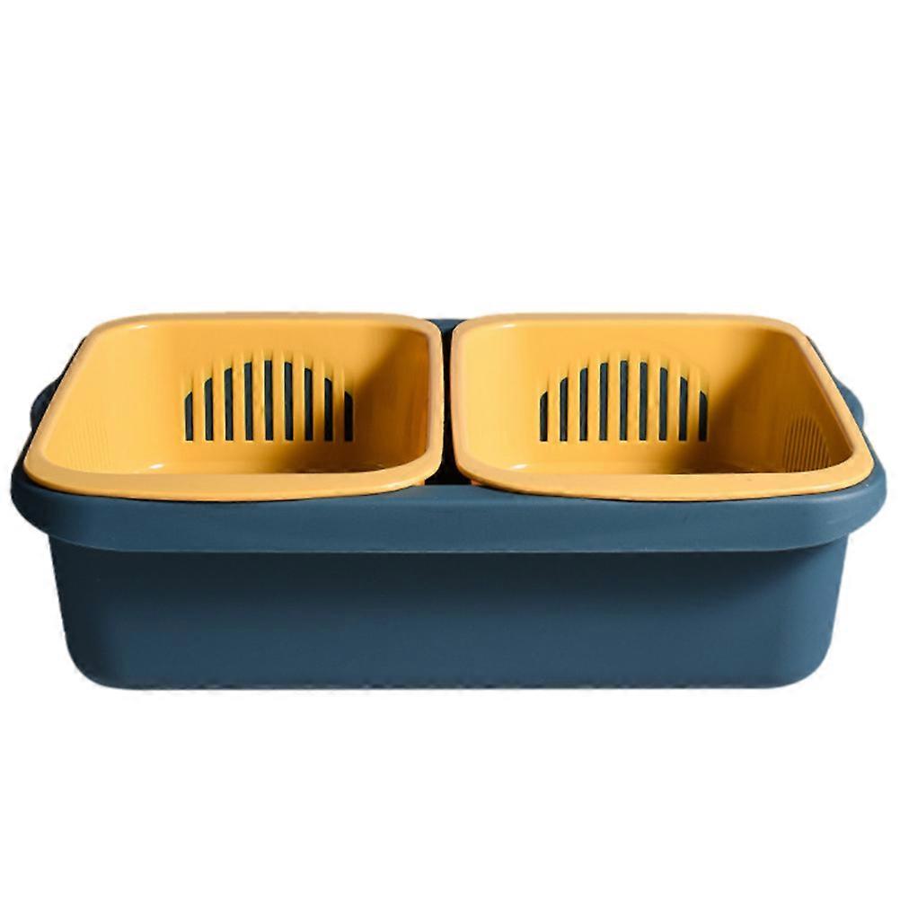 Multifunctional Drain Basket Double-Layer Storage Fruit Draining And Preservation Blue 37.6X25.5CM Moisture-Proof 1Set