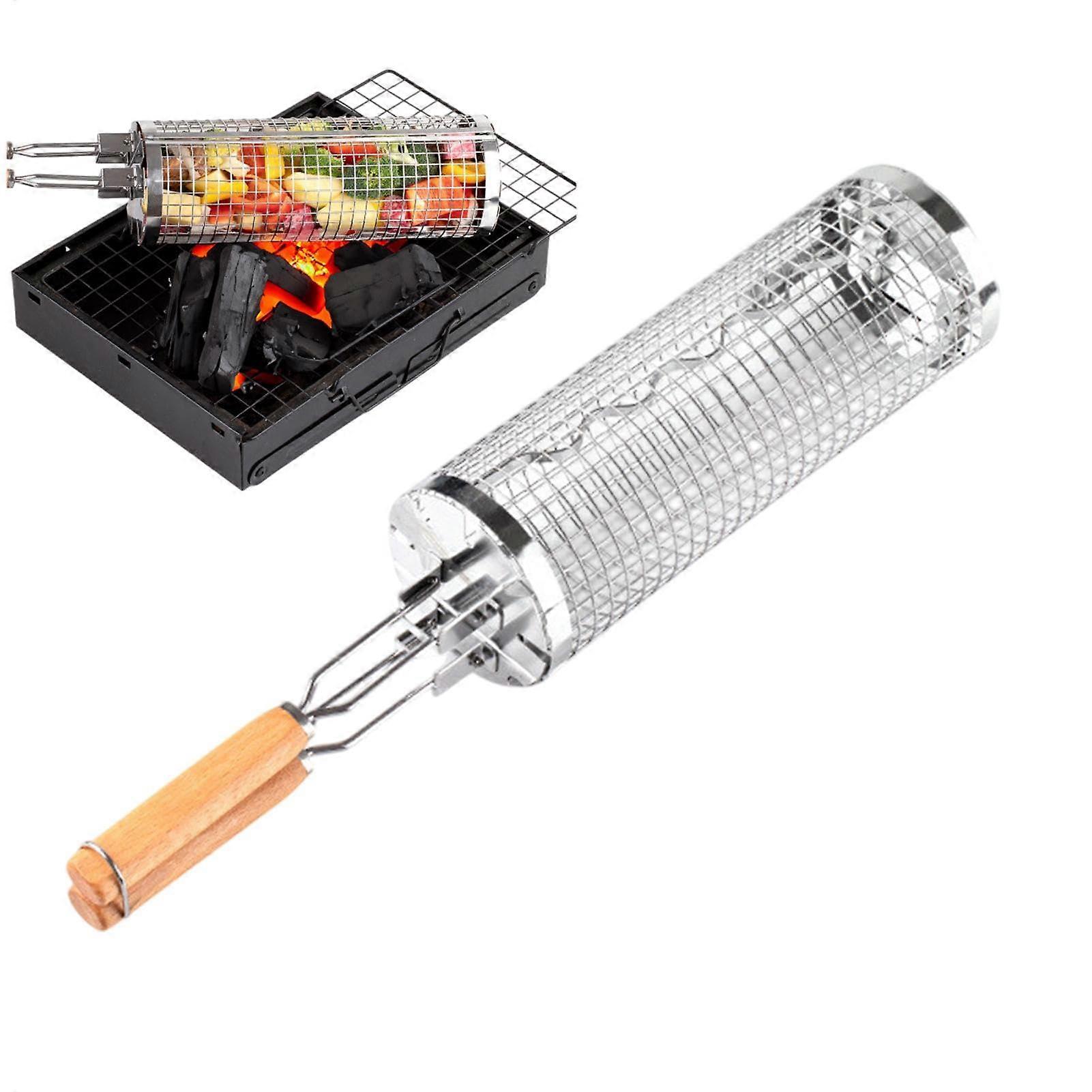 Rotating grill basket, grill basket for meat, made of stainless steel, cylindrical mesh baskets, for fish, meat Large.
