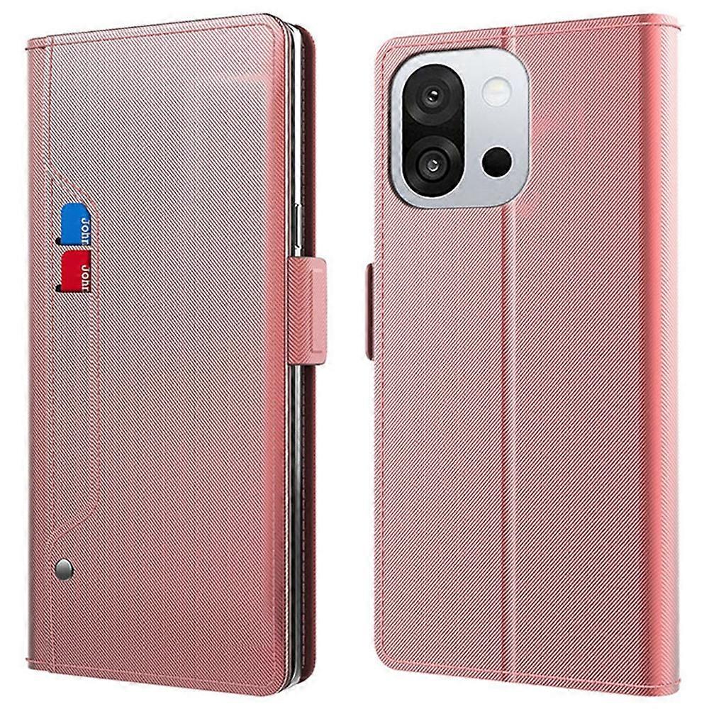 TKdaddy ل OnePlus 13T 5G حالة حامل PU جلد غطاء الهاتف حامل بطاقة مرآة ذهبي وردي