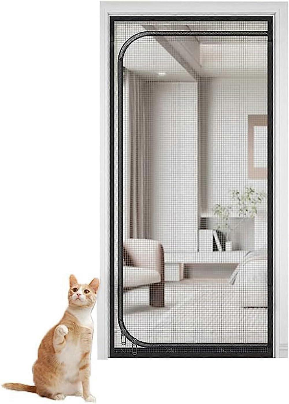 Grid Door with Zipper, Reinforced Grid Door, Pet Safe, Cat Gate (Black, 110x220cm)